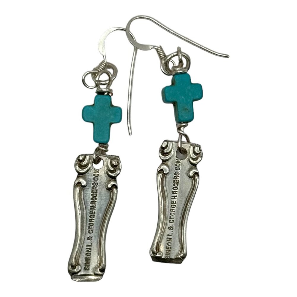 Vintage Spoon Handle Earrings With Turquoise Cross Accents & 925 Silver Hooks - Picture 5 of 12